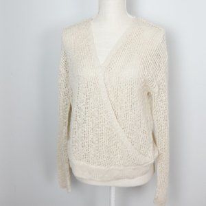 Hem & Thread Tan Cream Wrap Top Balletcore Long Sleeve Open Knit Sweater Medium